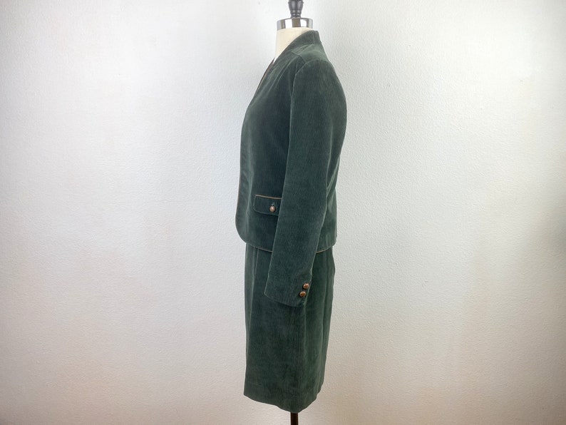 Cotton Two-Piece Suit Sasson Dark Green Corduroy Jacket and Skirt Open Front Crop Jacket A-Line Skirt Size 89 SM Pockets