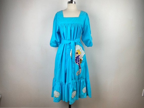 Vintage Ramona Rull Aqua Cotton Dress | Applique … - image 8