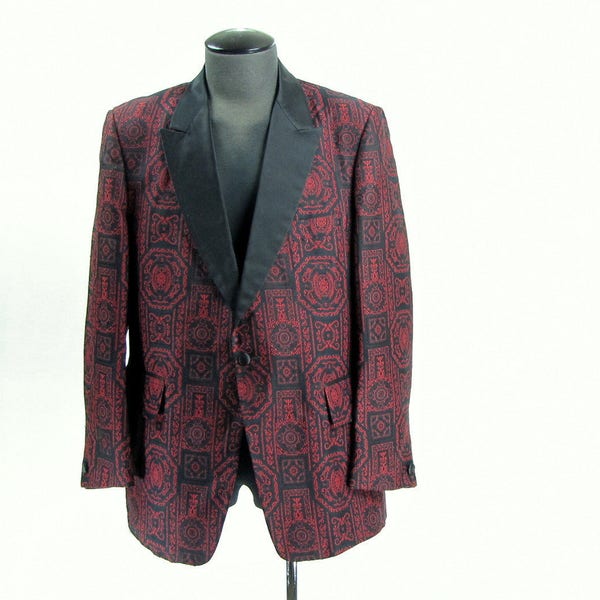 Tux Vintage brocado rojo oscuro y negro y chaqueta de fumar