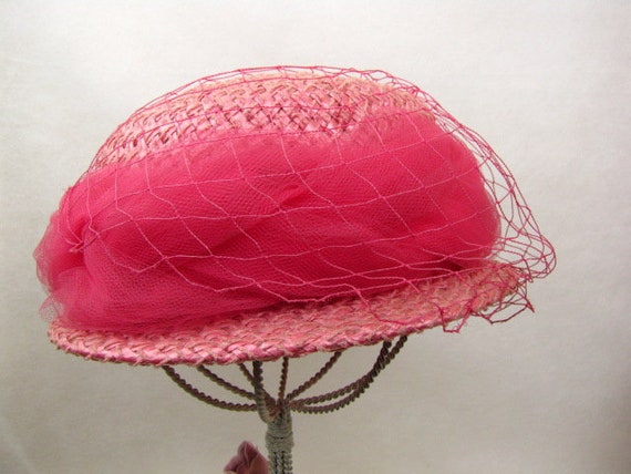 Vintage 50s Pink Straw Hat | Straw Hat with Netti… - image 5