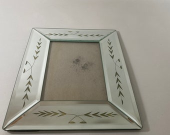 Vintage Etched Glass Beveled Mirrored Photo Frame Free Standing Photo Area 5 x 7"Art Decor, Hollywood Regency