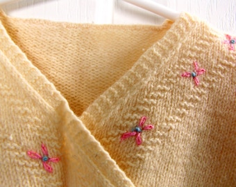 Vintage 50s Infant Knit Kimono Sweater | Hand-Knitted | Cotton | Baby Sweater | Newborn | Yellow | Baby Doll Sweater