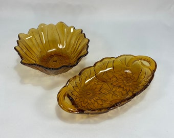 Vintage Amber Sunflower Indiana Glass Bowl and Condiment Dish | Serving Dishes Holiday Entertainment Party Dishes | Cottage Cabin Farm Decor