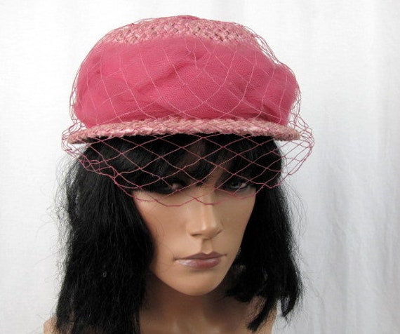 Vintage 50s Pink Straw Hat | Straw Hat with Netti… - image 7