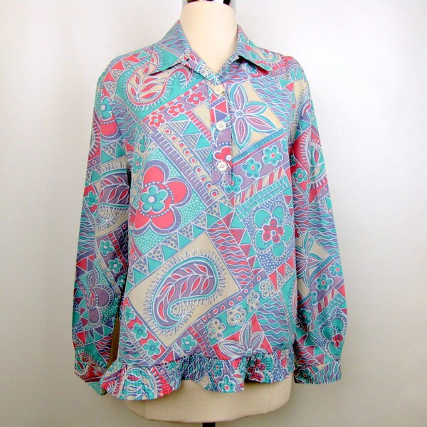 Vintage 80s Pyke LTD Blouse | Large/XLarge | Pastel Aqua, Peach, l Lavender | Paisley Print | Long Sleeves | Pullover | Henley Shirt