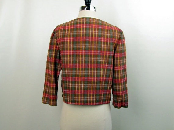 Vintage 60s Cropped Box Cut Plaid Jacket | White … - image 3