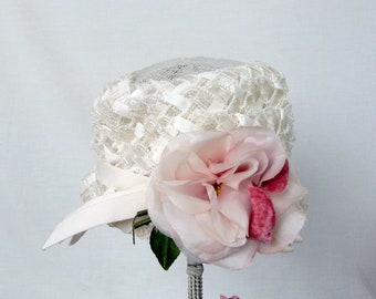 Vintage White Straw Pillbox Hat | Large Light Pink Silk and Velvet Rose | Ribbon Braided Trim | Summer Hat