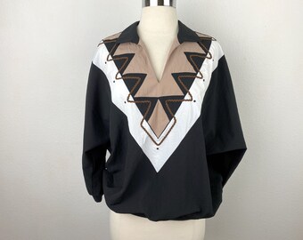 Vintage 80s Graff Black Bold Blouse | Sz Large | Dolmen 3/4 Sleeve | Pullover | Country Western Top | Ribbed Cuff & Waistband | Lightweight