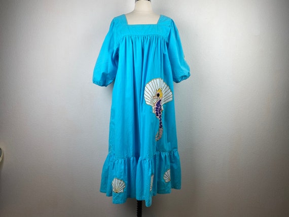 Vintage Ramona Rull Aqua Cotton Dress | Applique … - image 1