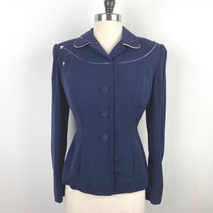 Vintage 40s Dark Navy Blue Wool Suit Jacket Nancy's Hollywood Westwood Western Cut Tailored by "Chappi" Forstmann Fitted Waist Noir Glam