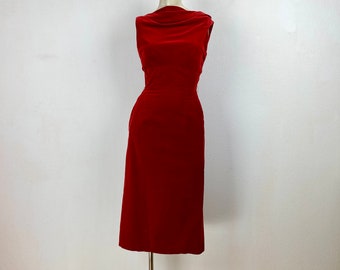 Vintage 50/60s Red Cotton Velvet Pencil Midi Party Dress | Fitted Straight Drape Cowl Neckline Sleeveless Pockets Back Metal Zipper | XS