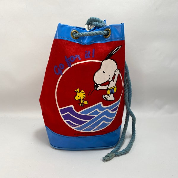 Vintage 1965 Snoopy Woodstock Peanuts Beach Tote Bucket Bag Children Red Canvas and Blue Vinyl Drawstring Water Resistance Made In Hong Kong