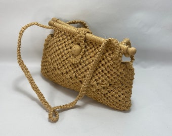 Vintage Kathy McKeany Natural Jute Macrame Handbag Purse Lined Made In Columbia Collectible Straw Handbag Boho Peasant Country Resort