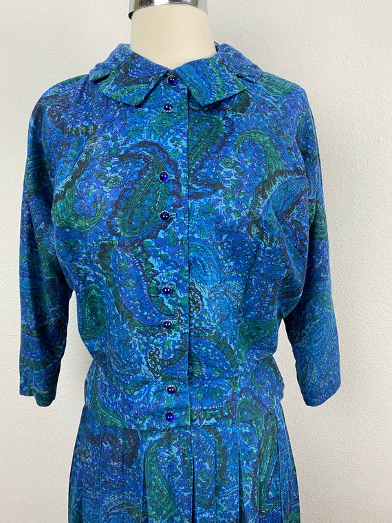 Vintage 60s Blue Paisley Two Piece Dress | Midi P… - image 2