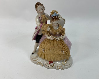 Vintage Lady & GentleMan Porcelain Victorian Figurines Reading Dresden Lace 5" Hand Painted Gold Trim romantic Cottage Decor