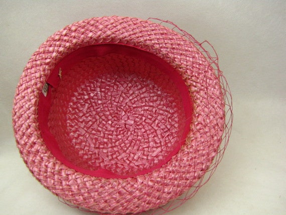 Vintage 50s Pink Straw Hat | Straw Hat with Netti… - image 6