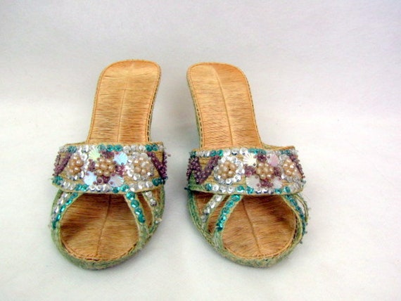 Vintage 1930s Woven Sandals | Grass Wedgies | Gre… - image 2