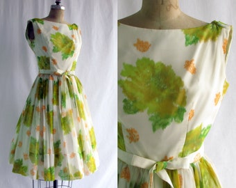 Vintage 50s 60s Party Dress | An Original Jr Theme New York | Floral | Chartreuse | Chiffon | Full Skirt | Draped Back | Medium | Union Made