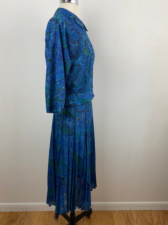 Vintage 60s Blue Paisley Two Piece Dress | Midi P… - image 5