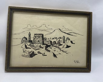 Vintage Black and White Ink Drawing Morocco or Northern Africa Village Signed C Hil. 1982 Landscape Old Wood Frame Glass Cover 11x8