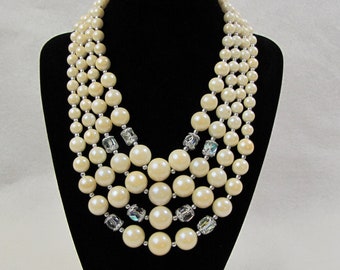 Vintage 1950s Pearlized Beaded Necklace | Ivory Tone Beads | Four Strands | Aurora Borealis Faceted Beads | Japan | Silver Highlights