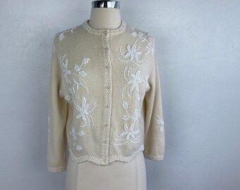 Vintage 50s Elsie Tu Wool Beaded Sweater Small Cream White Floral Beadwork Lined