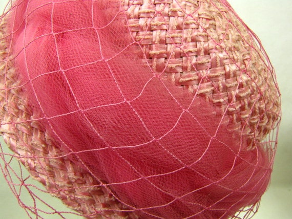 Vintage 50s Pink Straw Hat | Straw Hat with Netti… - image 9