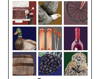 May include: Watercolor illustration of Oregon icons, including a truck, eagle, bicycle wheel, duck, skis, wine bottle, barrel, blackberry, and beaver. The word "Oregon" is written at the bottom.