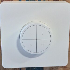 May include: A white, square-shaped wall switch with a round, white button in the center. The button has four sections, each with two small dots.