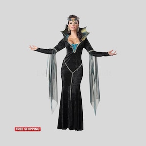 Costumes Women's Adult Dark Magic Evil Sorceress Costume | Gothic Witch Dress With Cape & Horns | Adult Halloween Cosplay Outfit for Her