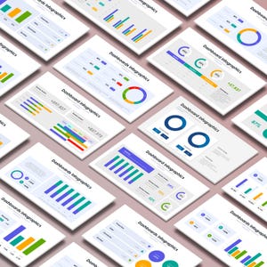 May include: An isometric view of multiple white presentation slides with the text "Dashboard Infographics." Each slide features colorful charts, graphs, and circular diagrams with data visualizations. The slides are arranged on a light pink surface.
