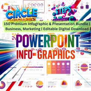 May include: A colorful PowerPoint presentation template with the text "CIRCLE INFOGRAPHICS" and "POWERPOINT INFO-GRAPHICS". The template features a variety of circle-based infographics and charts, with a focus on business and marketing.