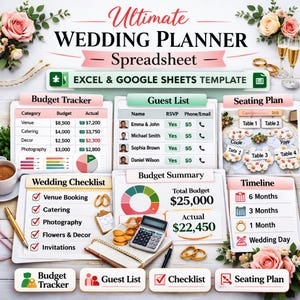 Könnte beinhalten: Eine Ultimate Wedding Planner Tabellenkalkulationsvorlage für Excel und Google Sheets. Das Bild zeigt einen Budget-Tracker, eine Gästeliste, einen Sitzplan, eine Hochzeits-Checkliste und einen Zeitplan. Das Gesamtbudget beträgt 25.000 $, die tatsächlichen Ausgaben 22.450 $. Enthält Eheringe und Blumen.
