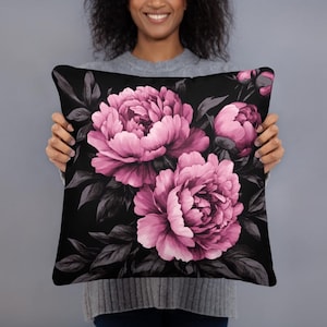 Pink Peony Throw Pillow on Black Background – Elegant Floral Cushion, Romantic Botanical Home Decor, Mother&#39;s Day Gift Idea