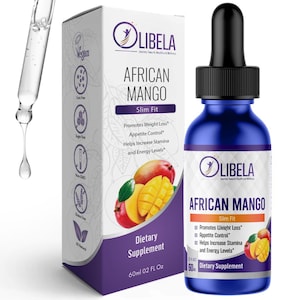 Puede incluir: Una botella azul de suplemento dietético African Mango con un cuentagotas negro, junto a una caja blanca con la misma marca. La caja y la botella presentan texto e imágenes de mangos. La botella contiene 60 ml.