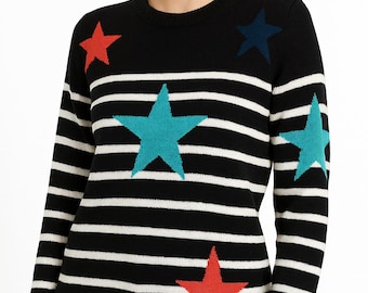 Suéter de punto con rayas y estrellas negras para mujer / Suéter cálido de invierno / Cuello redondo informal / Estrellas de colores / Idea de regalo de Navidad