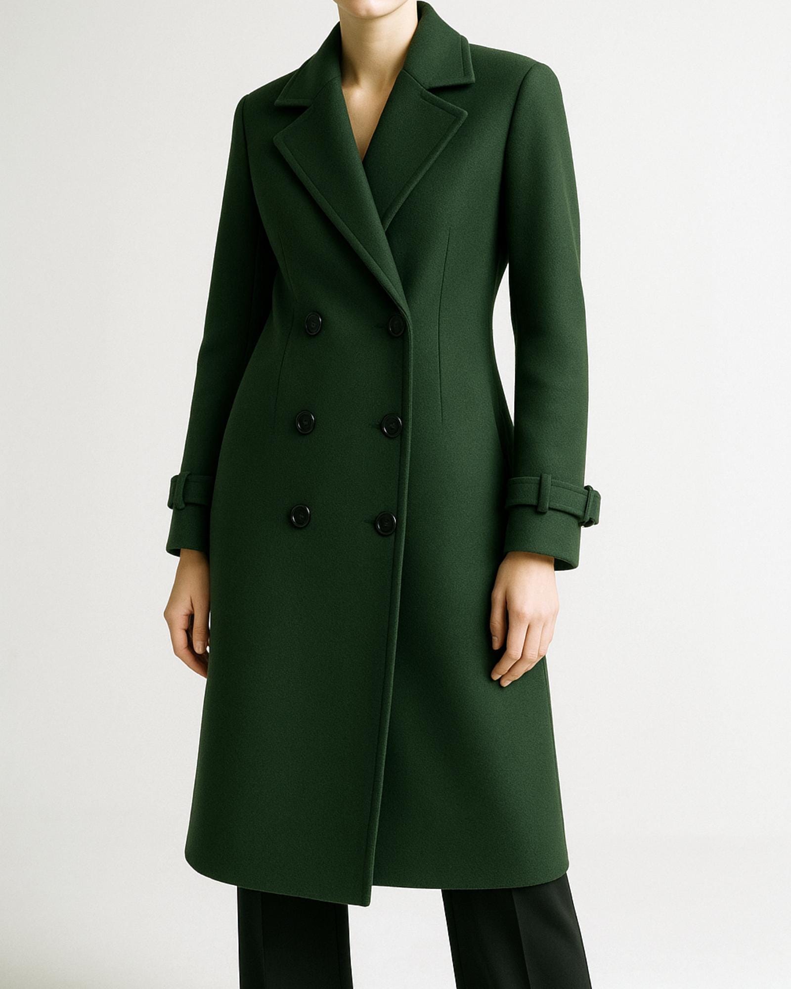 ダークグリーンのダブルブレストロングコート（レディース）｜冬物