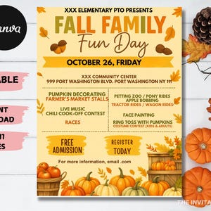 Puede incluir: Un folleto para un evento Fall Family Fun Day, con texto y gráficos en colores otoñales. El folleto incluye detalles del evento como la fecha, el lugar y las actividades. El folleto mide 21,59 x 27,94 cm.