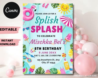 Splish Splash Birthday Invitation: Pool Party, Water Slide (Digital Download)