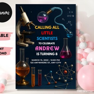 May include: A navy blue invitation with science-themed graphics, including a microscope, beakers, and molecular models. The text reads "Calling All Little Scientists" and announces a birthday celebration for Andrew, who is turning 8.
