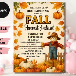 May include: An A4-sized invitation for a Fall Harvest Festival, featuring pumpkins, autumn leaves, and a scarecrow illustration. The text includes the date, time, and event details. The invitation is editable and available for instant download.