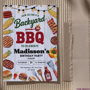 May include: A colorful invitation for a backyard BBQ to celebrate Madisson's birthday party. The invitation features a red and white striped background with illustrations of grilling food, corn on the cob, and a bottle of BBQ sauce. The text on the invitation reads "Join us for a Backyard BBQ to celebrate Madisson's Birthday Party, August 31 at 07:00 PM, 123 Anywhere St., Any City, ST 12345."
