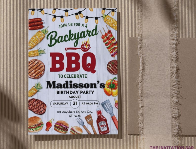 May include: A colorful invitation for a backyard BBQ to celebrate Madisson's birthday party. The invitation features a red and white striped background with illustrations of grilling food, corn on the cob, and a bottle of BBQ sauce. The text on the invitation reads "Join us for a Backyard BBQ to celebrate Madisson's Birthday Party, August 31 at 07:00 PM, 123 Anywhere St., Any City, ST 12345."