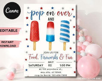 Puede incluir: Una invitación patriótica con las palabras "pop on over" y "Food, Fireworks & Fun". Presenta ilustraciones de paletas de helado rojas, blancas y azules. Los detalles del evento son para el 2 de julio a la 1:00 PM.