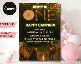 Camping Birthday Invitation: Adventure Forest Theme (Printable Canva Template)