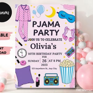 Pajama Party Birthday Invitation Spa Tween Teen Sleepover Slumber Birthday Party Invitation CANVA EDITABLE Instant download