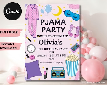 Invitación de cumpleaños para pijamada: Tema editable de spa (Canva, descarga instantánea)