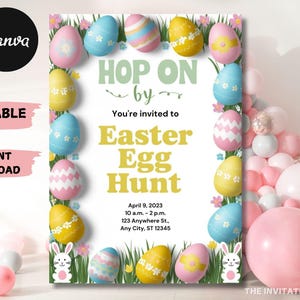 May include: An Easter egg hunt invitation with a green, yellow, and white background. The invitation features a cartoon bunny, colorful eggs, and the text "Hop On by You're invited to Easter Egg Hunt April 9, 2023 10 a.m. - 2 p.m. 123 Anywhere St., Any City, ST 12345".
