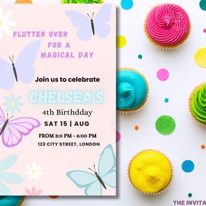 May include: A birthday party invitation with butterflies and cupcakes. The invitation is light pink with butterflies and flowers. The text reads "Flutter over for a magical day" and "Chelsea's 4th Birthday". Colorful cupcakes surround the invitation.