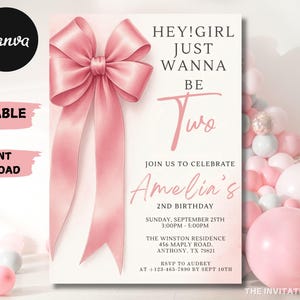 Girls Just Wanna Be One Invite, Pink Bow Birthday Invitation, Soft Pastel Pink Ribbon, Elegant Coquette Girl 1st Birthday, Editable Canva
